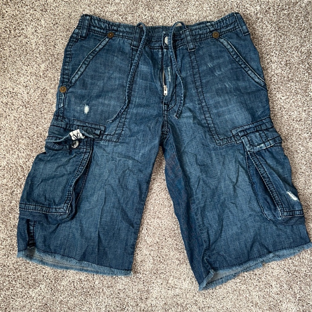 True Religion Original Denim Cargo Shorts from Early 2000s, Loose Fit Size 33
